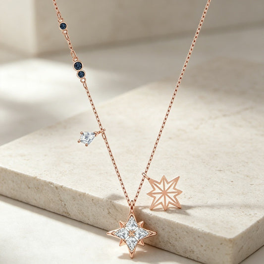 Crystal Star Charm Necklace in Rose Gold Tone
