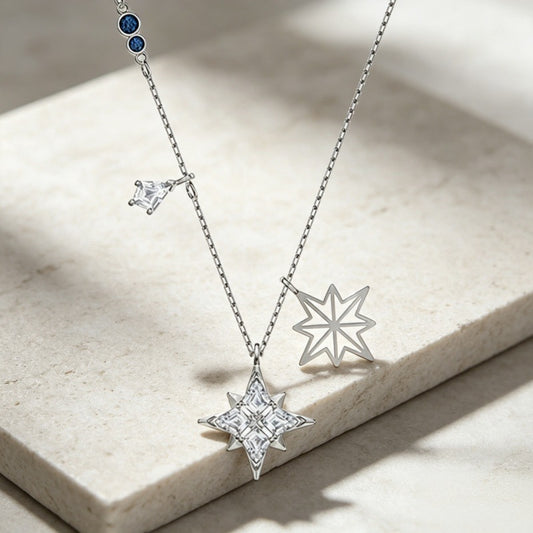Crystal Star Charm Necklace in Silver Tone