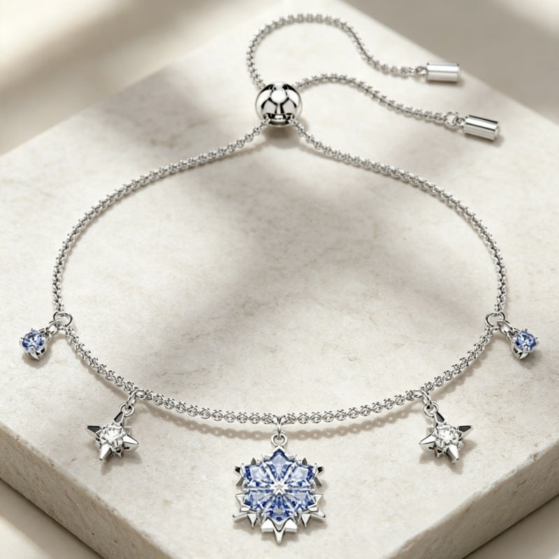 Blue Crystal Snowflake Slider Bracelet in Silver Tone
