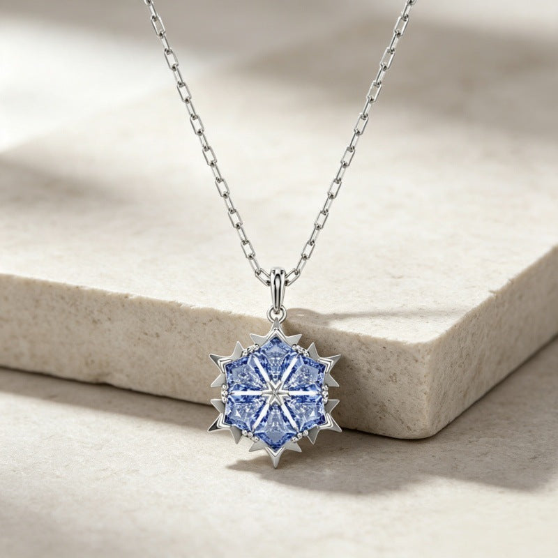 Blue Crystal Snowflake Pendant Necklace in Silver Tone