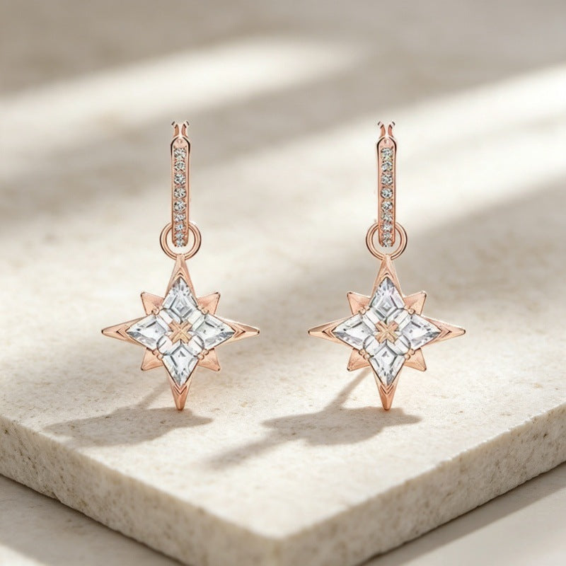 Crystal Star Hoop Drop Earrings in Rose Gold Tone