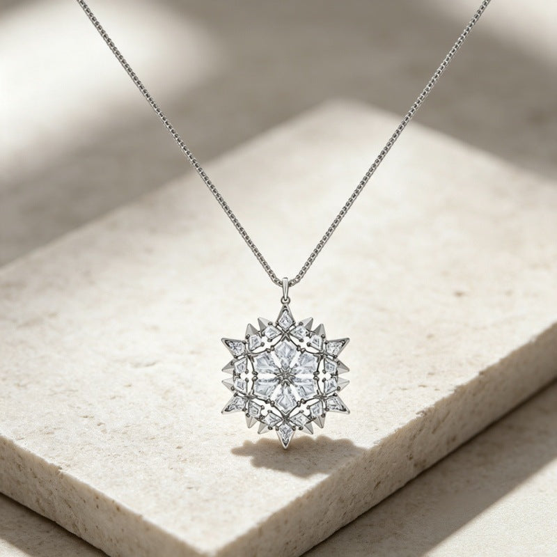 Crystal Snowflake Medallion Necklace in Silver Tone