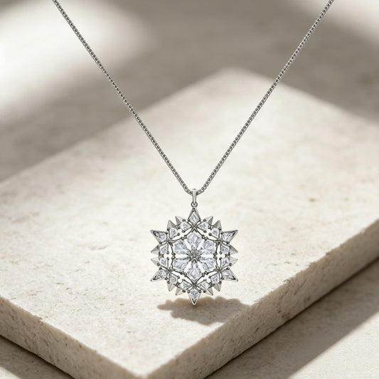 Crystal Snowflake Medallion Necklace in Silver Tone