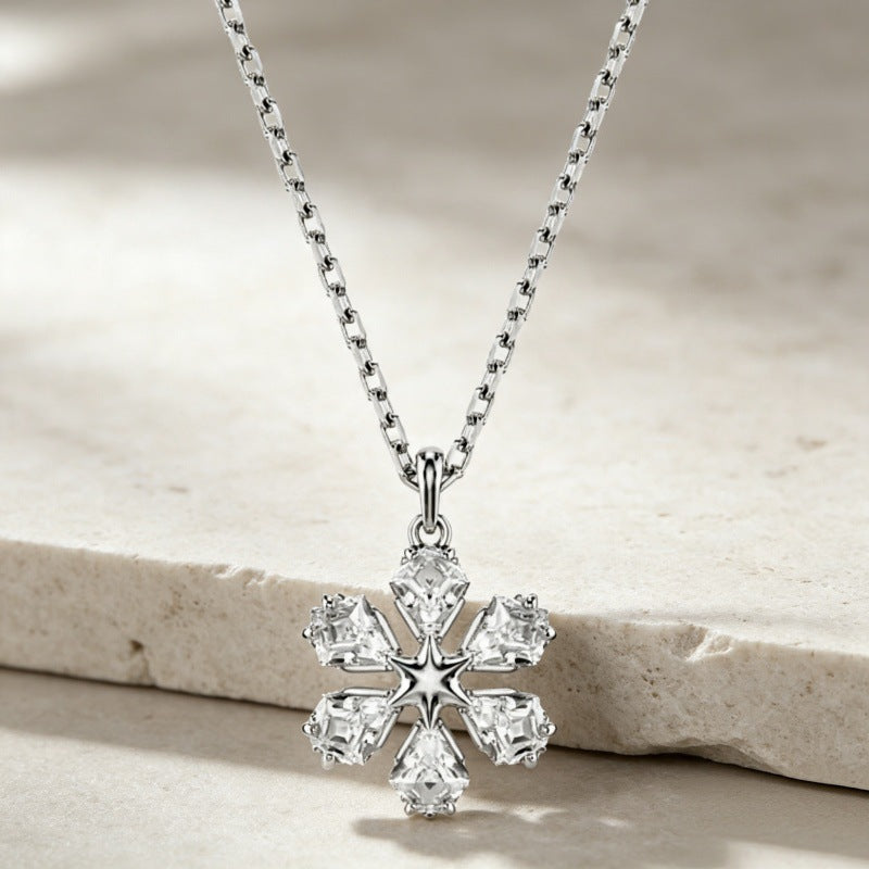Openwork Crystal Snowflake Necklace in Silver Tone