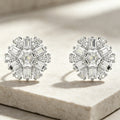 Snowflake Stud Earrings with Baguette Crystals in Silver Tone