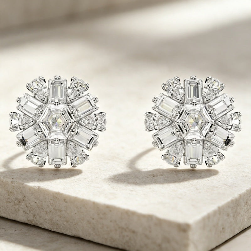 Snowflake Stud Earrings with Baguette Crystals in Silver Tone