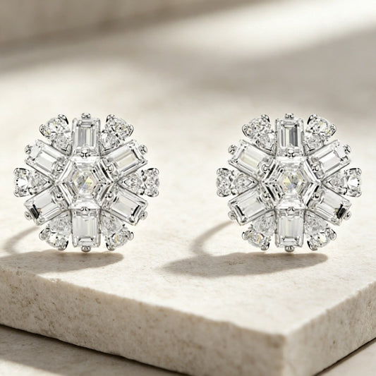 Snowflake Stud Earrings with Baguette Crystals in Silver Tone