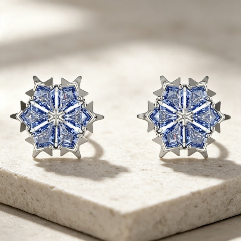 Blue Crystal Snowflake Stud Earrings in Silver Tone