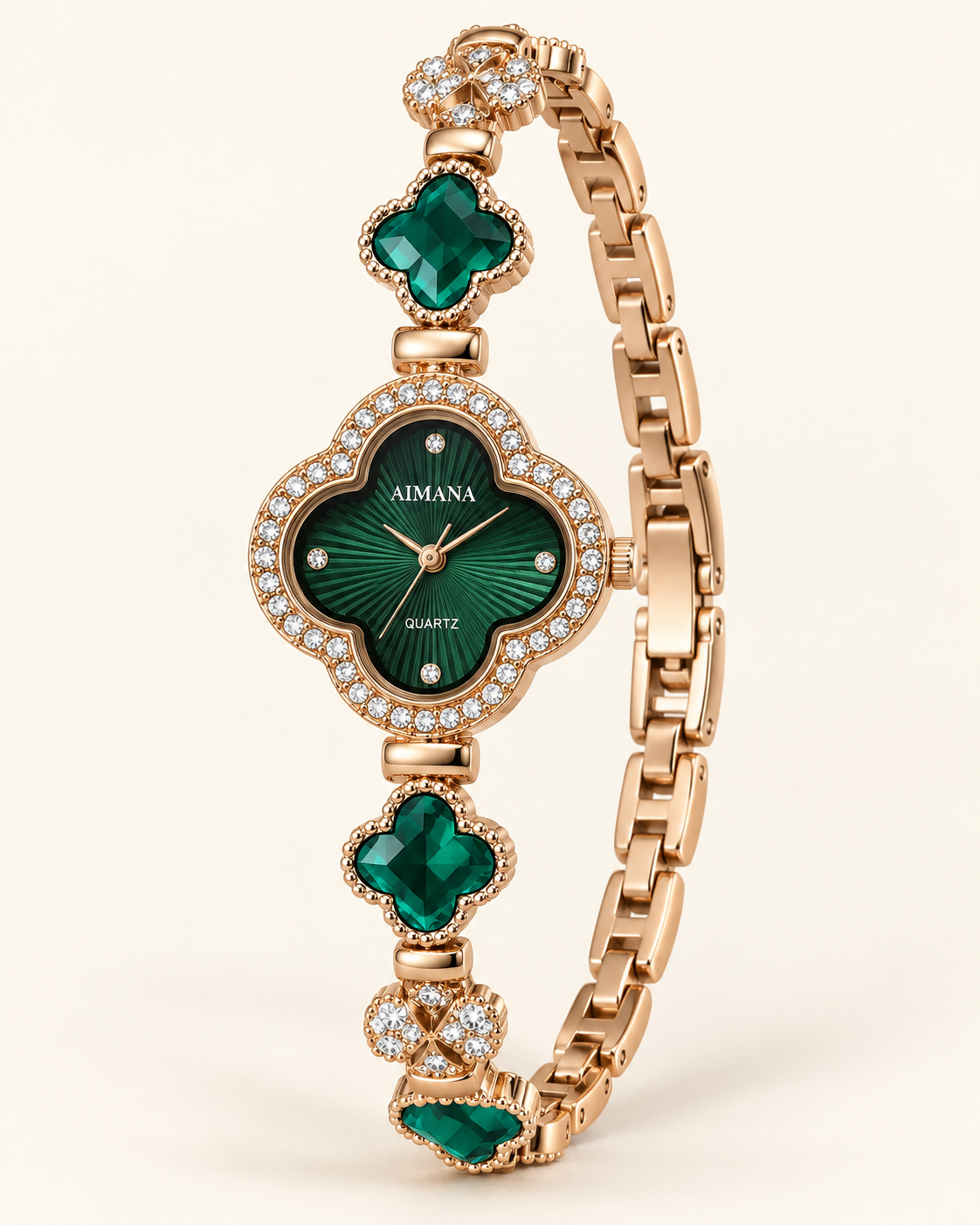 AIMANA green sunray clover dial and faceted green clover bracelet links in rose-gold tone