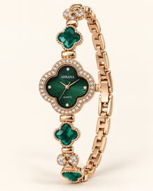 AIMANA green sunray clover dial and faceted green clover bracelet links in rose-gold tone