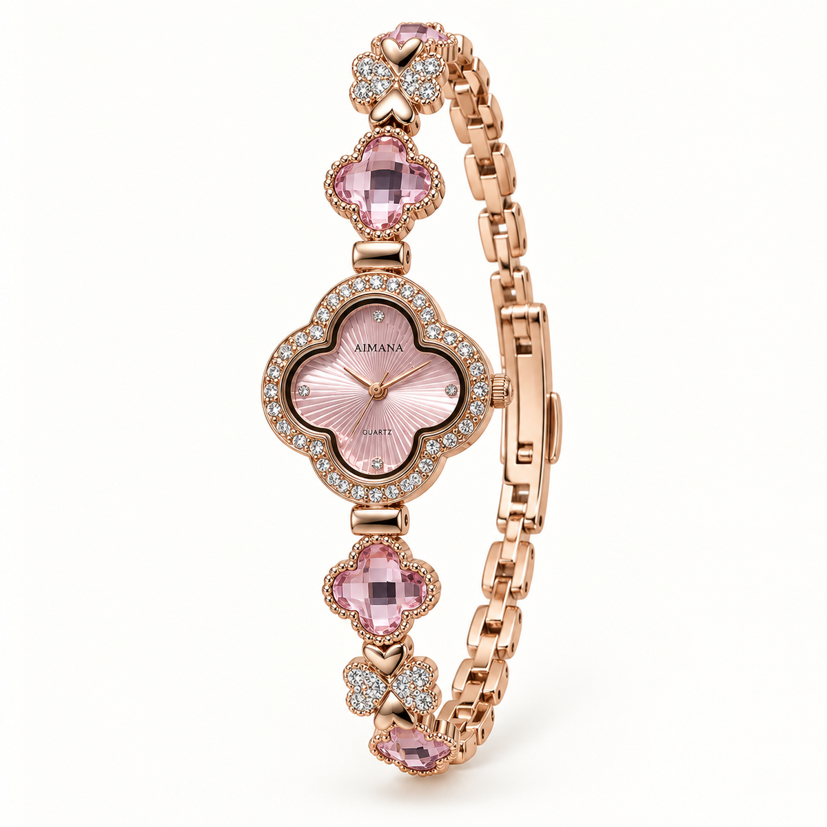 AIMANA pink clover-shaped quartz bracelet watch with rose-gold-tone links and sparkling bezel