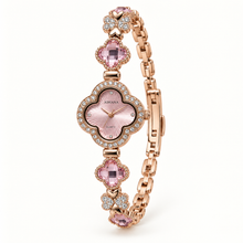 AIMANA pink clover-shaped quartz bracelet watch with rose-gold-tone links and sparkling bezel