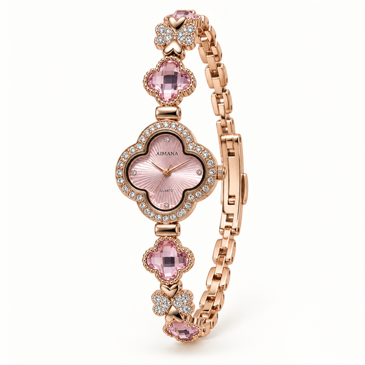 AIMANA pink clover-shaped quartz bracelet watch with rose-gold-tone links and sparkling bezel