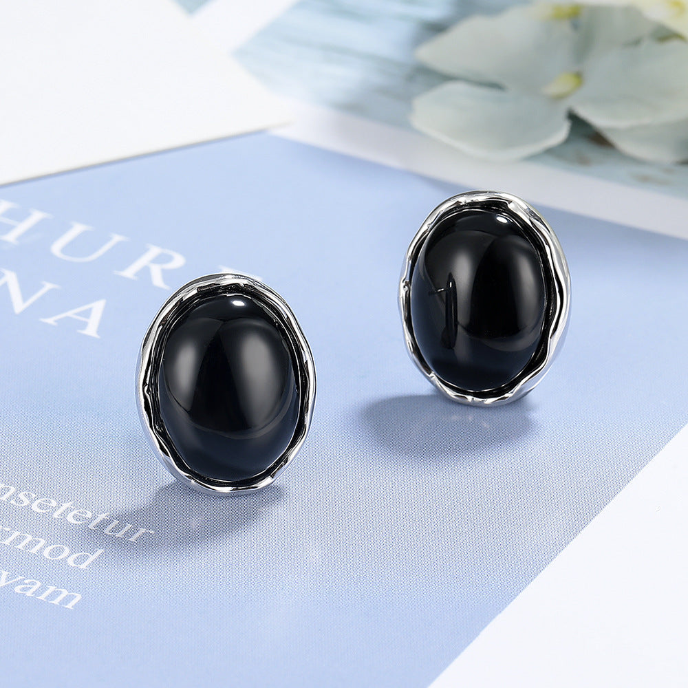 Black Onyx Oval Stud Earrings