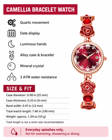 Camellia quartz watch features, inch and millimeter dimensions, and 3 ATM splash-resistance care