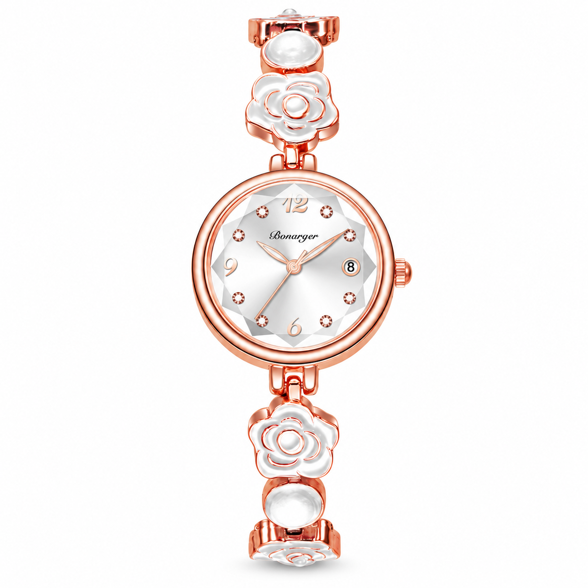 BONARGER camellia bracelet watch with white dial and rose-gold-tone case