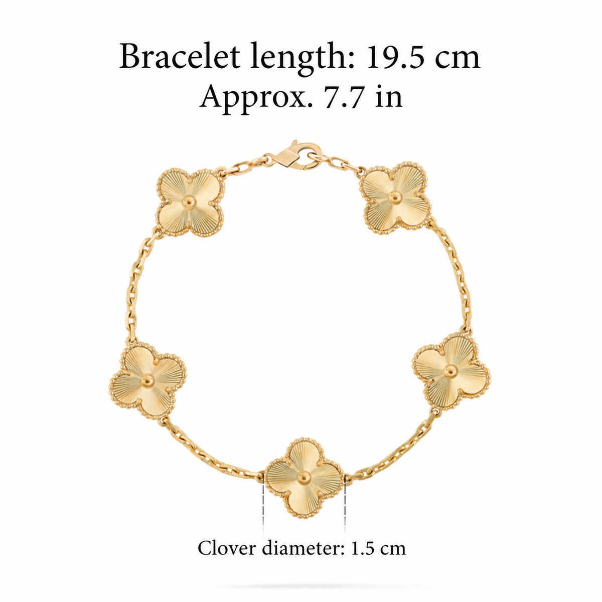 Five-clover bracelet size guide – 19.5 cm length, 1.5 cm motif