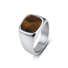 Silver tone men's stainless steel signet ring with natural tiger eye