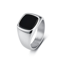 Silver tone men's stainless steel signet ring with natural black stone