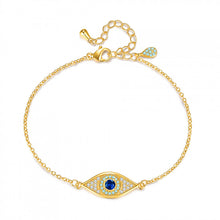 Gold tone blue crystal evil eye bracelet with adjustable extender