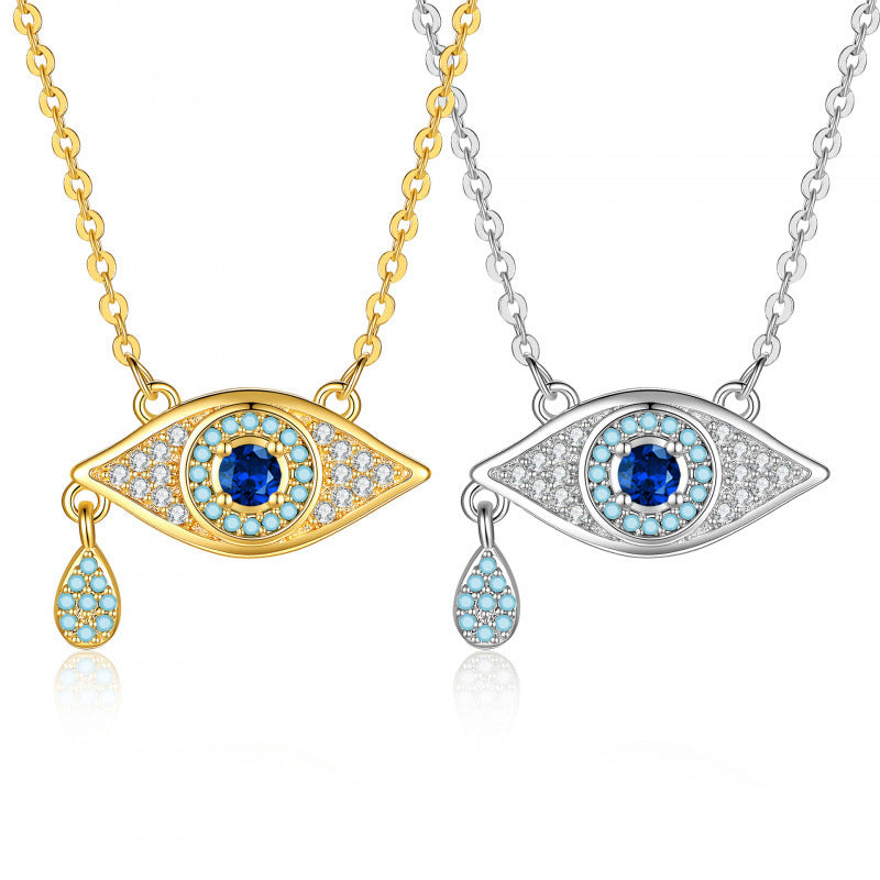Gold and silver tone blue crystal evil eye necklace color options