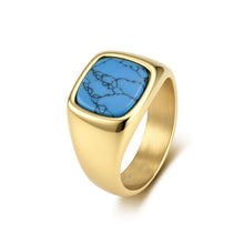 Gold tone men's stainless steel signet ring with natural turquoise
