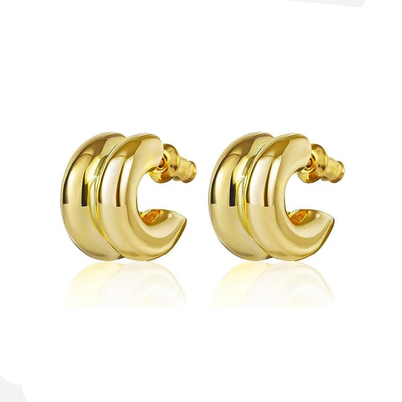 Gold tone stainless steel layered C-hoop stud earrings