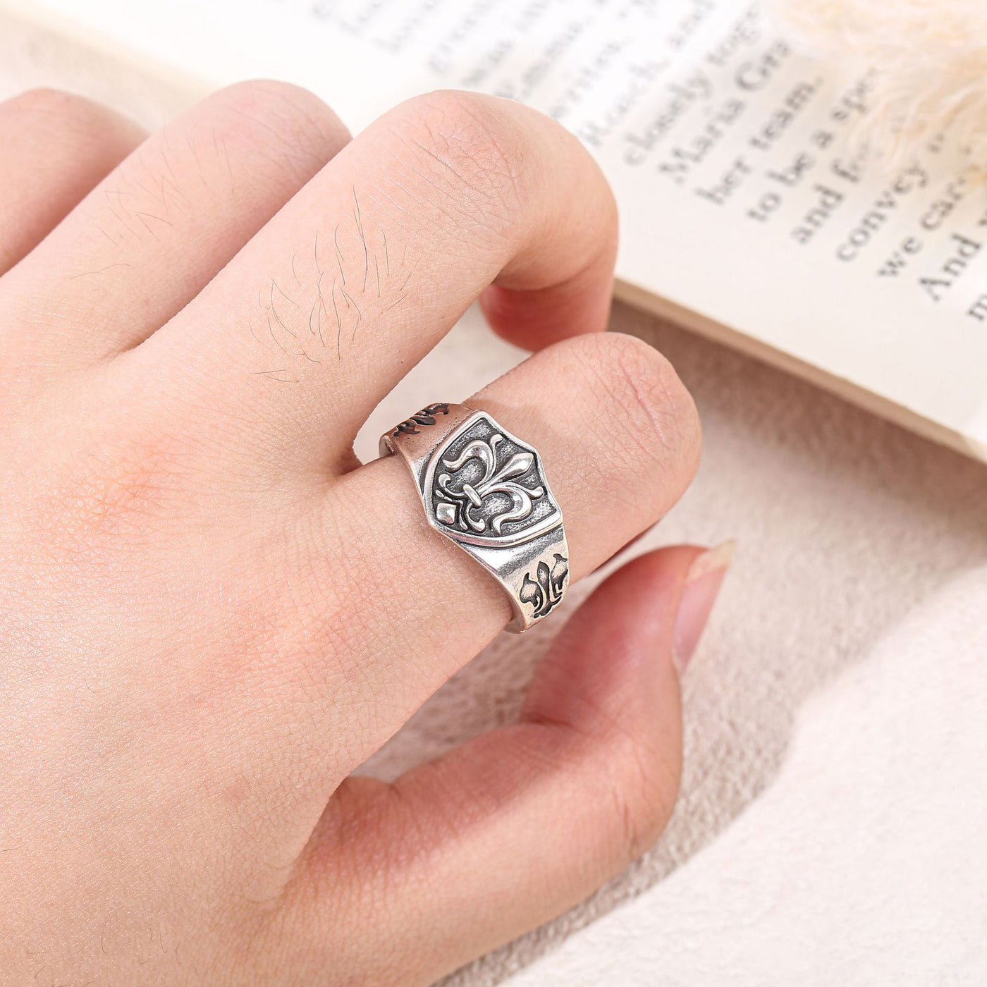 Antique Silver adjustable fleur-de-lis shield ring worn on hand