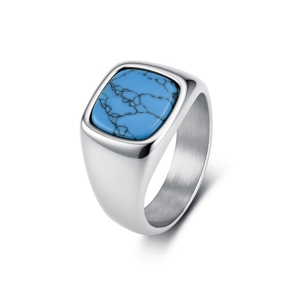 Silver tone men's stainless steel signet ring with natural turquoise