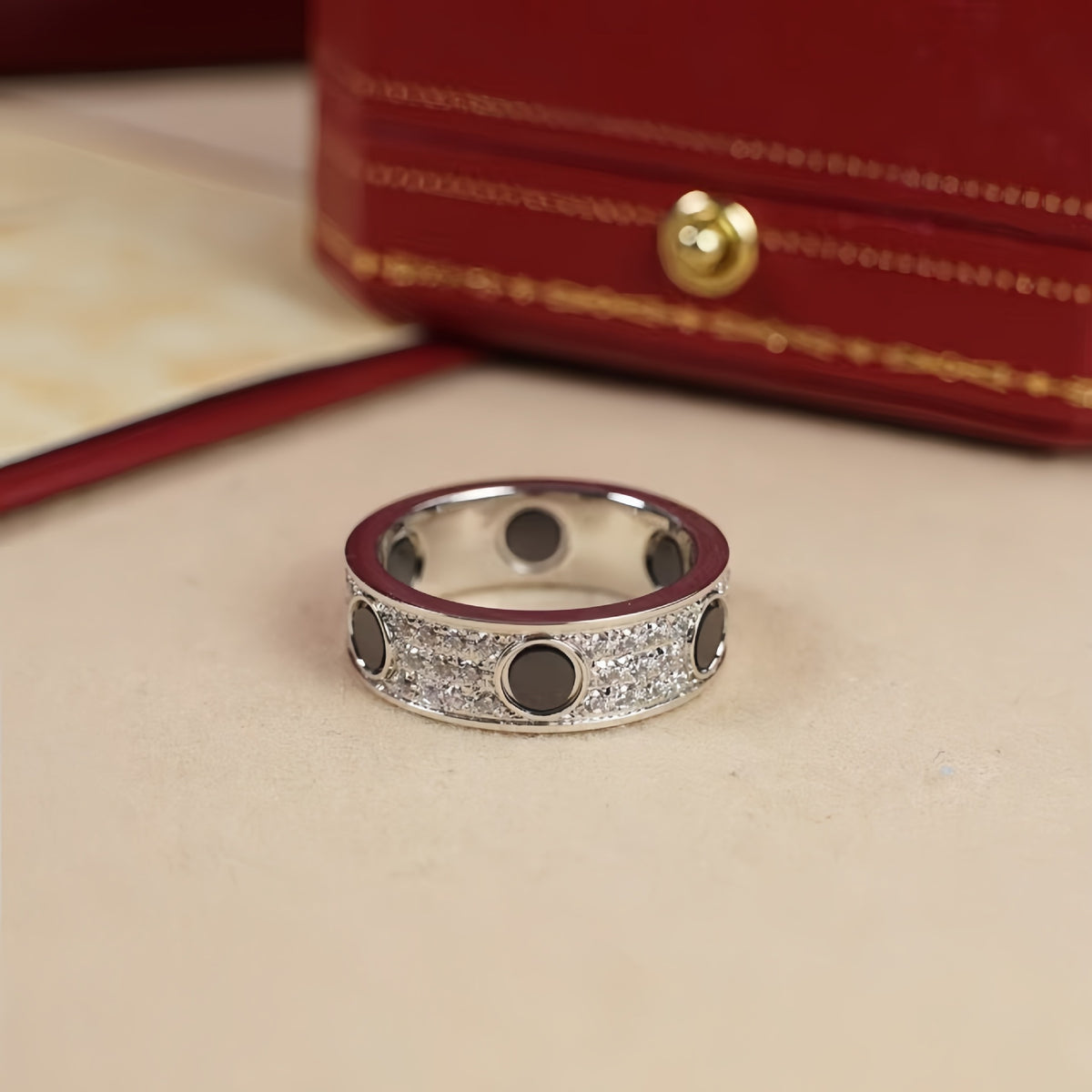 Silver-tone three-row pave circle-motif band ring on a display surface - photo 39