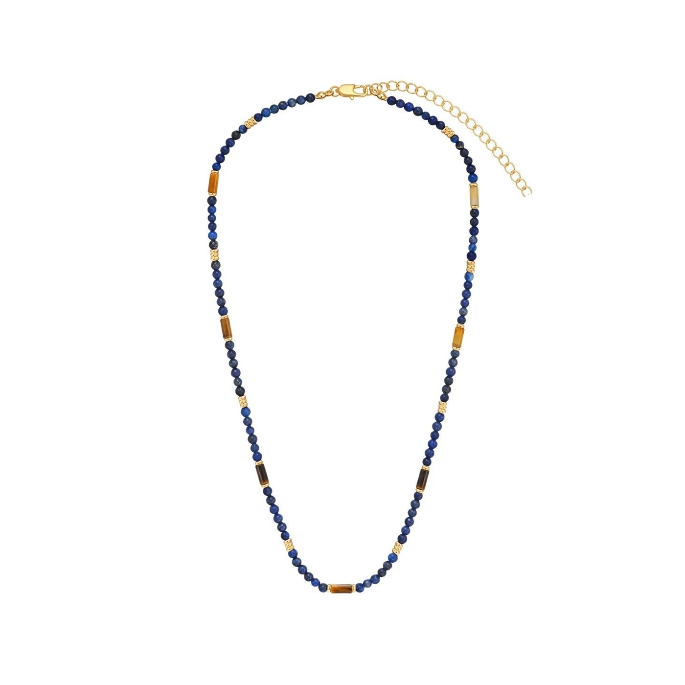 Natural lapis lazuli blue beaded necklace with gold tone and brown accents