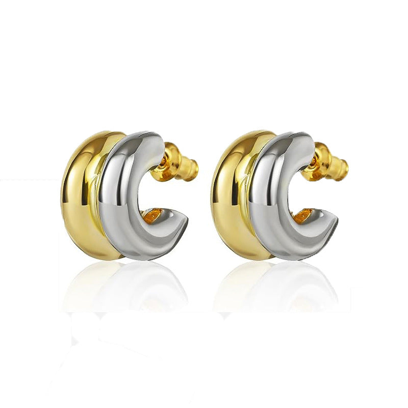 Two tone stainless steel layered C-hoop stud earrings