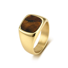 Gold tone men's stainless steel signet ring with natural tiger eye
