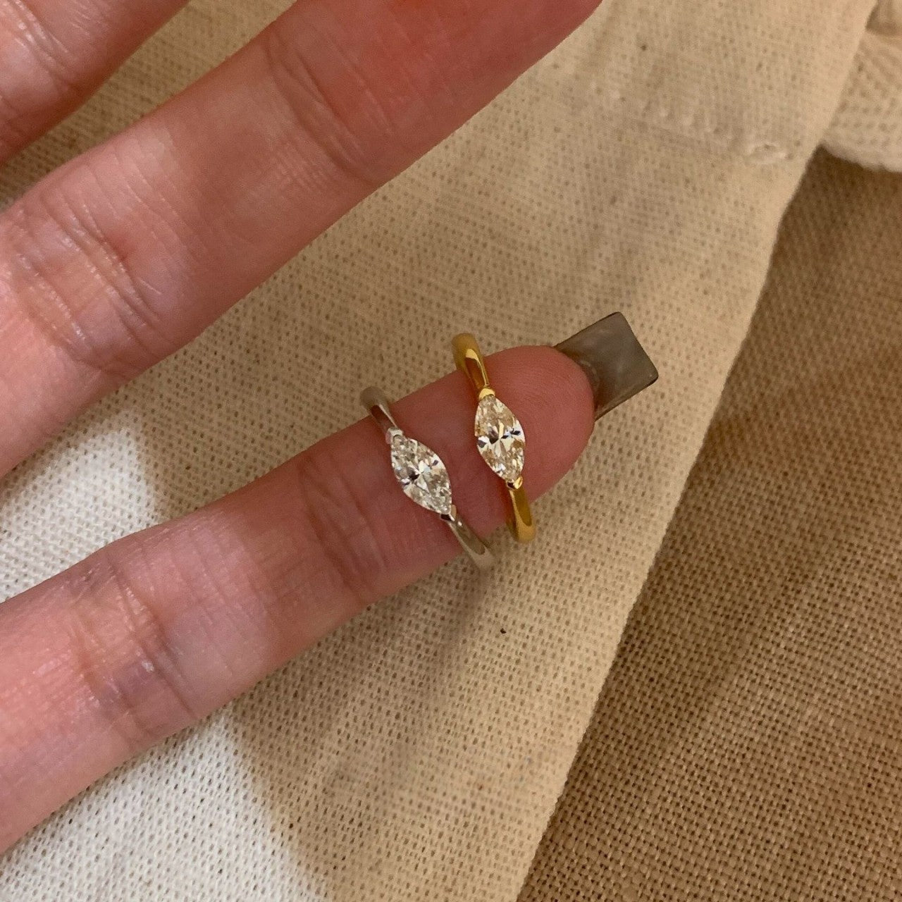 Marquise cubic zirconia rings in gold and silver tones