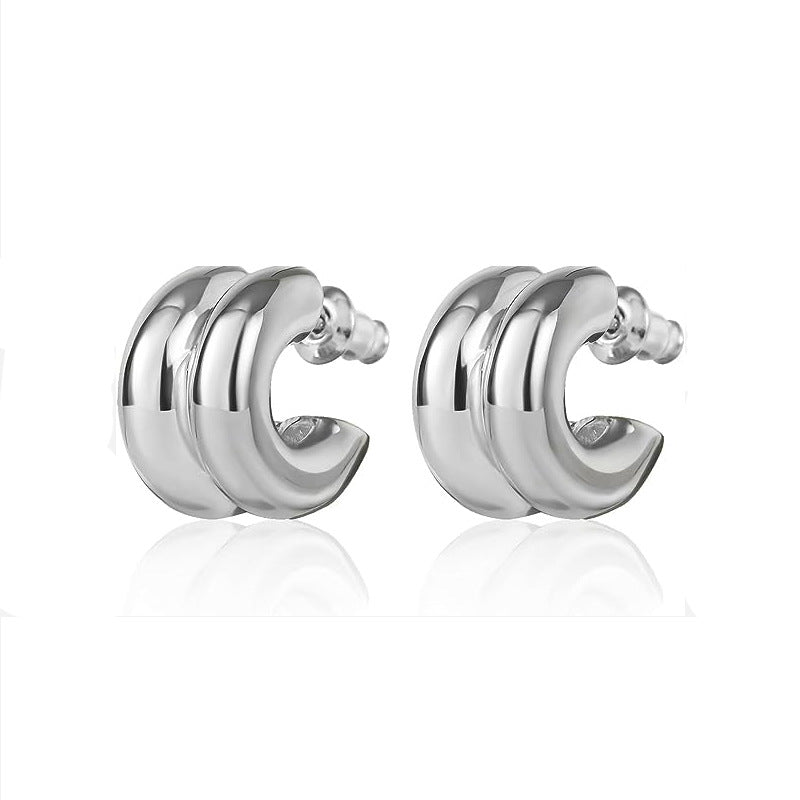 Silver tone stainless steel layered C-hoop stud earrings