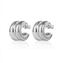 Silver tone stainless steel layered C-hoop stud earrings