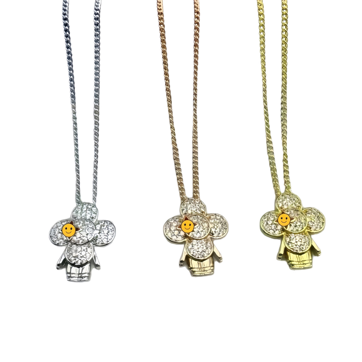 Flower doll pendant necklaces in silver gold and rose gold tones with a smiley photo overlay - photo 12