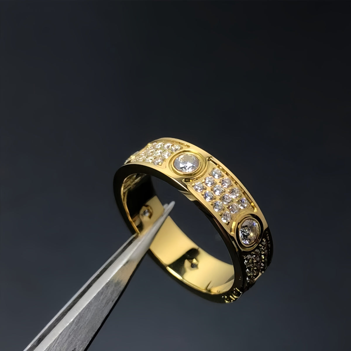 Gold-tone round-set cubic zirconia pave band ring held with tweezers - photo 16