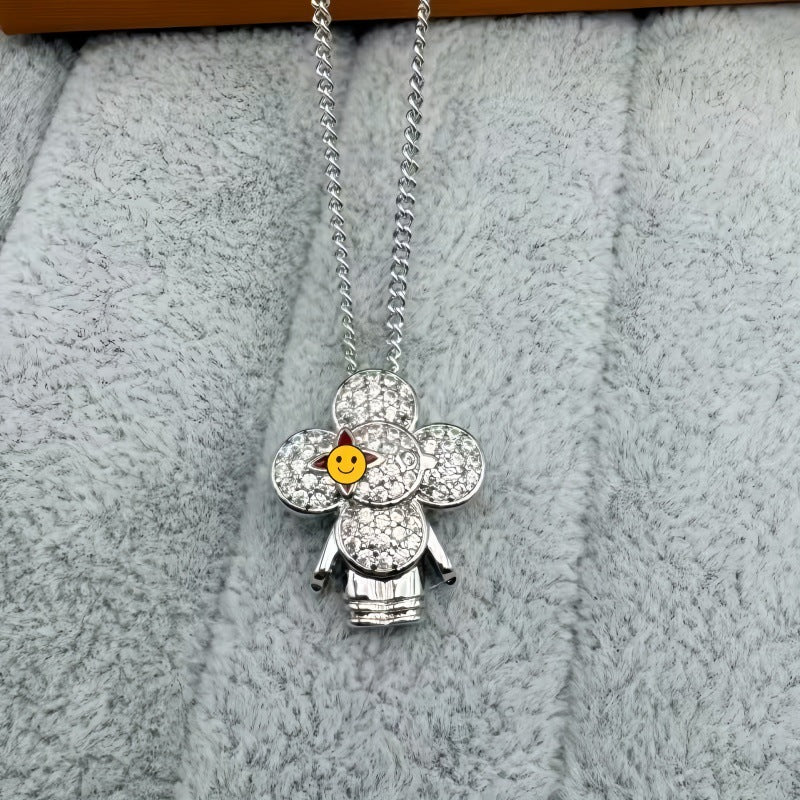 Silver Tone pave flower doll pendant necklace with a smiley photo overlay - photo 07