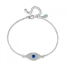 Silver tone blue crystal evil eye bracelet with adjustable extender