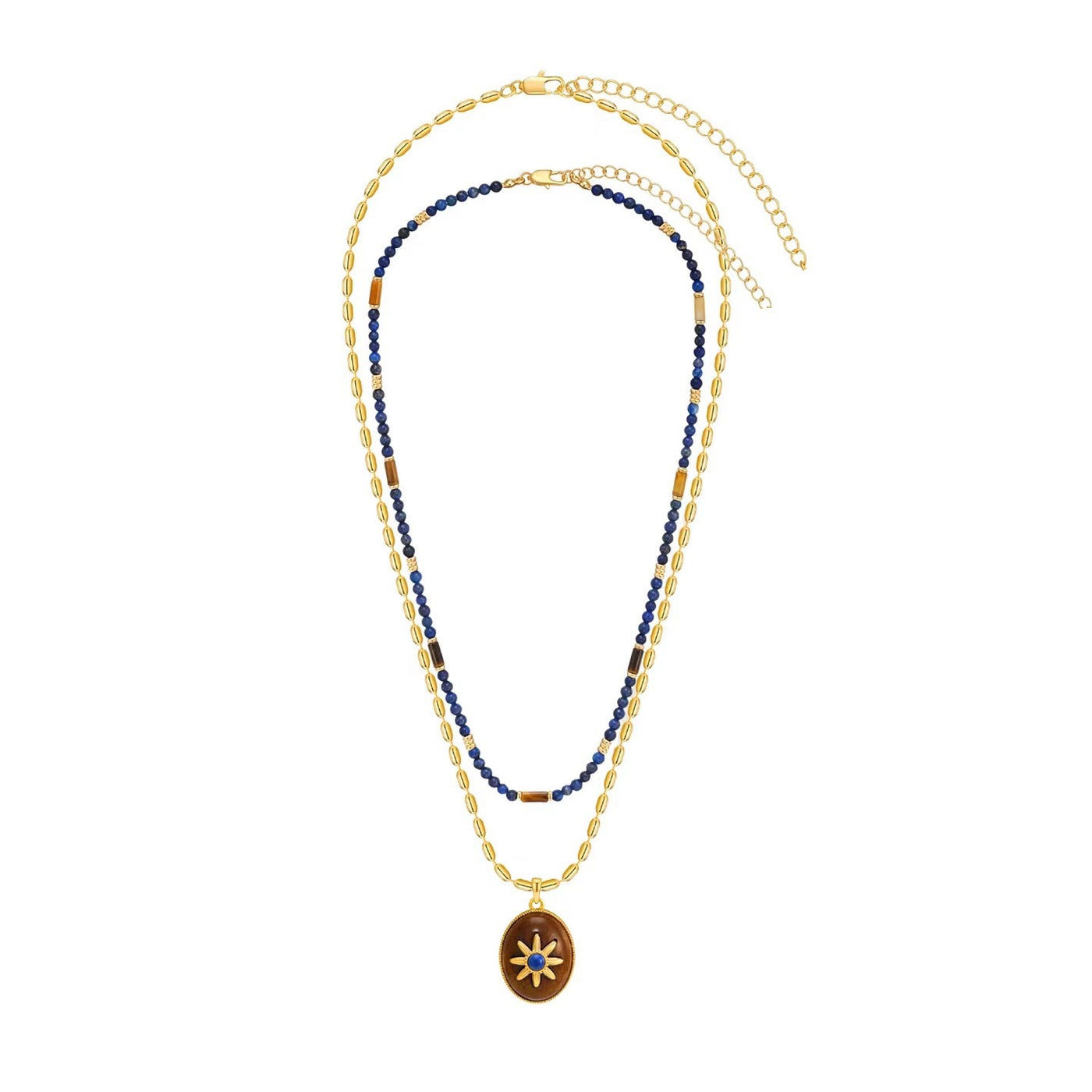 Natural lapis lazuli beaded necklace layered with a gold tone sun pendant necklace