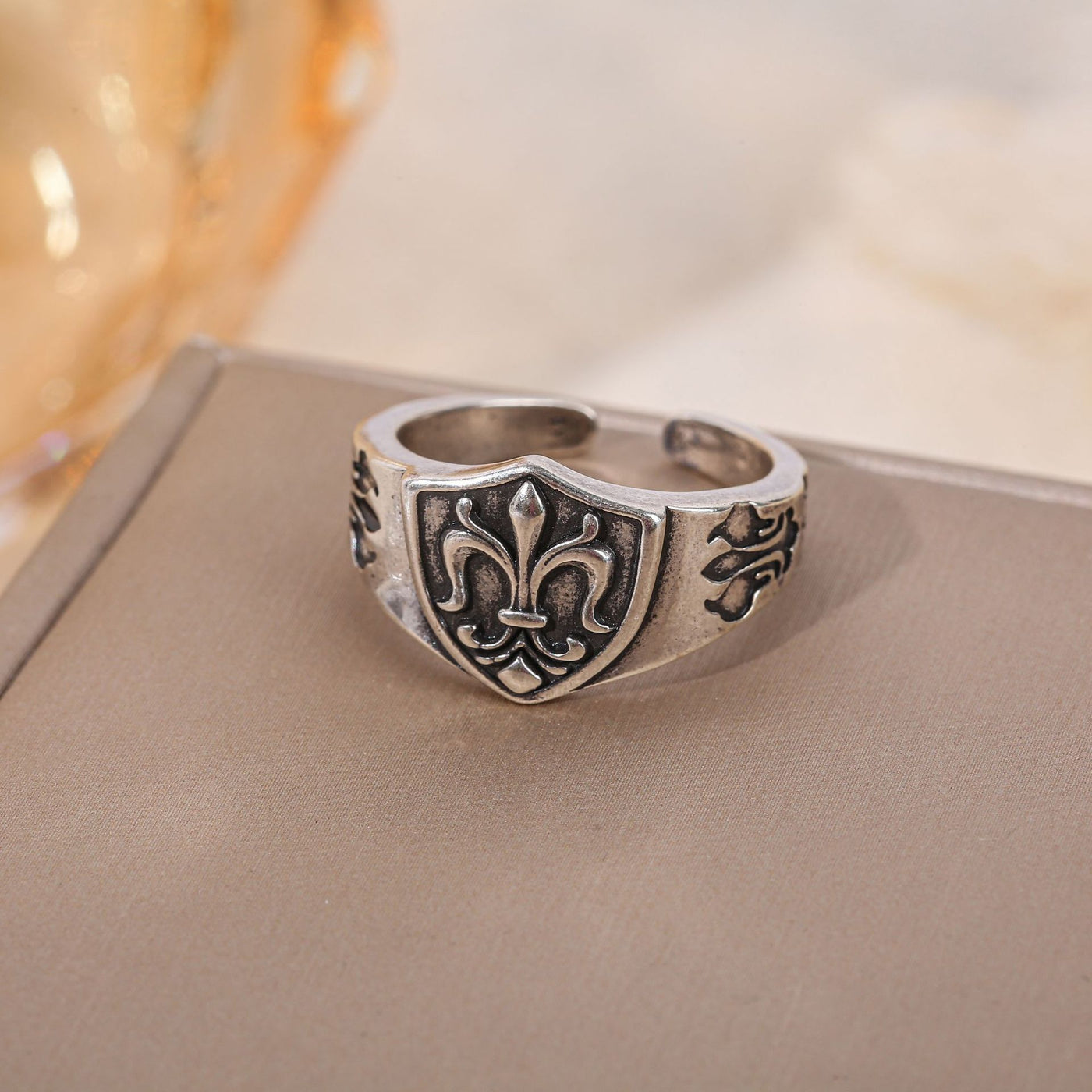 Antique Silver adjustable heraldic shield ring close-up