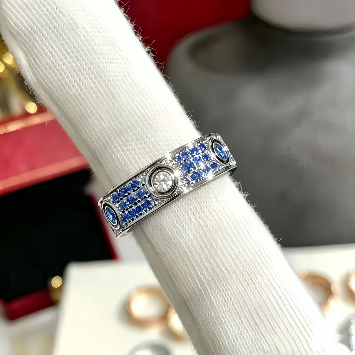 Silver-tone circle-motif ring with blue cubic zirconia accents - photo 08