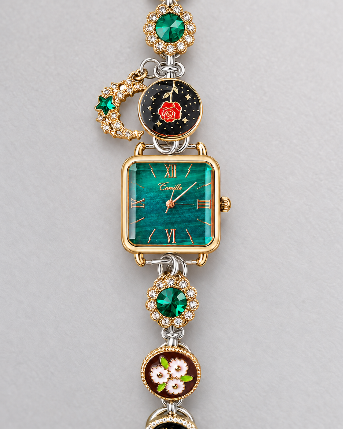 Forest Green square quartz watch with Roman numeral dial, green crystal accents and crescent charm