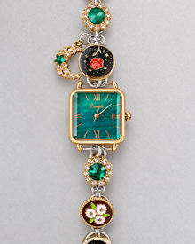 Forest Green square quartz watch with Roman numeral dial, green crystal accents and crescent charm