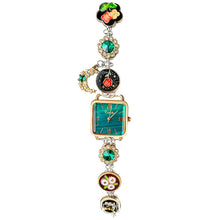 Supplier reference of Forest Green square bracelet watch with floral enamel disks, green stones and crescent charm