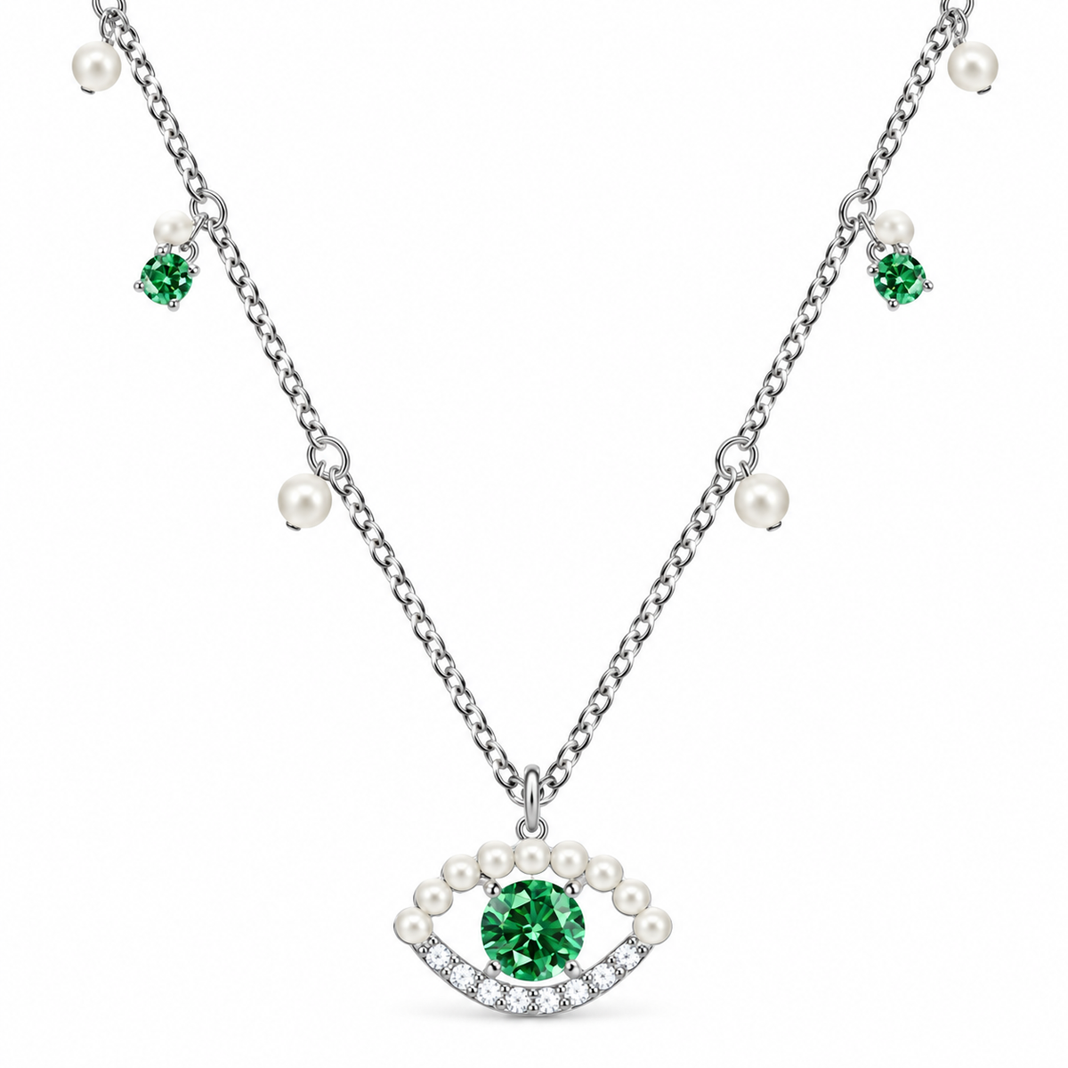 Green Evil Eye Necklace with Pearl-Style Accents | LuckCoo