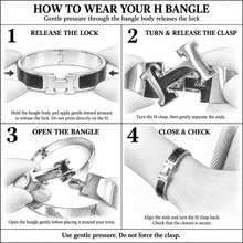 How to wear the H Signature Bangle: gently press the bangle body, turn the H clasp, open the bangle, then close and check