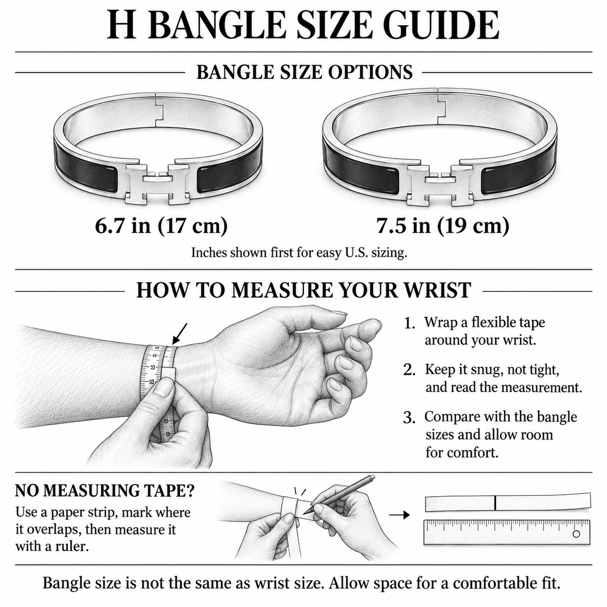 H Signature Bangle size and wrist measurement guide: 6.7 in (17 cm) and 7.5 in (19 cm)