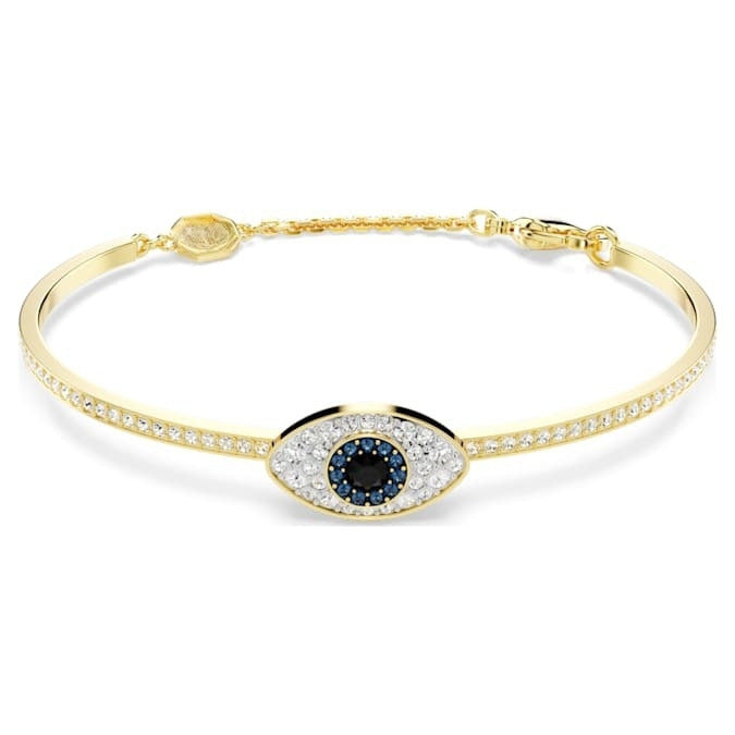 Blue crystal evil eye bangle bracelet in gold tone